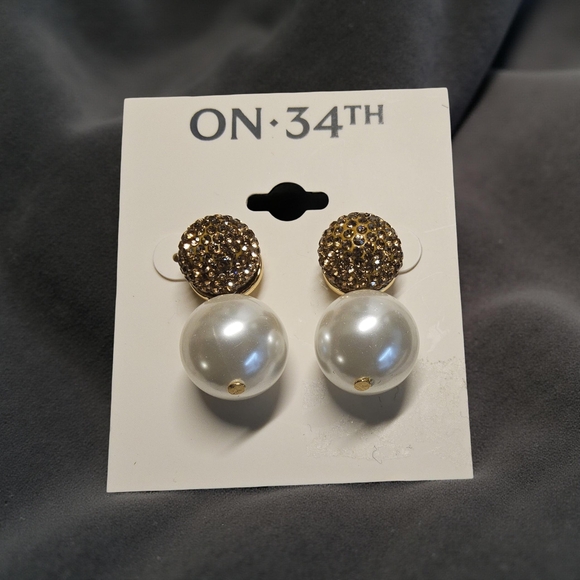 ON 34th Jewelry - NWT ON 34TH Goldtone and White Pave Fireball and Imitation Pearl Drop Earrings